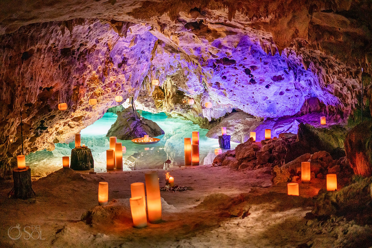 Family Cenote Wedding Akumal Venue with Candles and colorful lighting