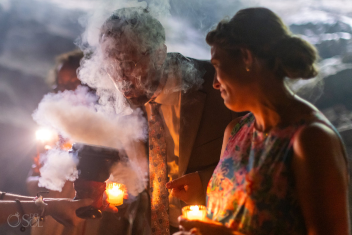 family blessing with copal smoke Underground cave Family Cenote Wedding Akumal Mexico