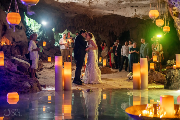 Micro Cenote Wedding Akumal Venue with Candles and colorful lighting