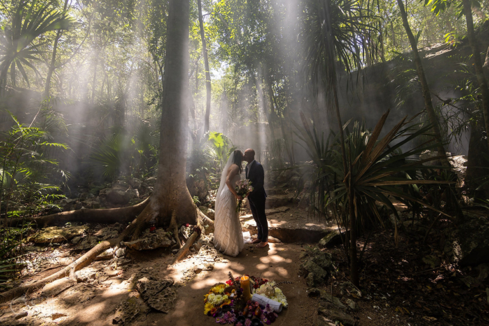 first kiss blessing underground cave sacred Mayan spiritual blessing ceremony Mexico cenote wedding