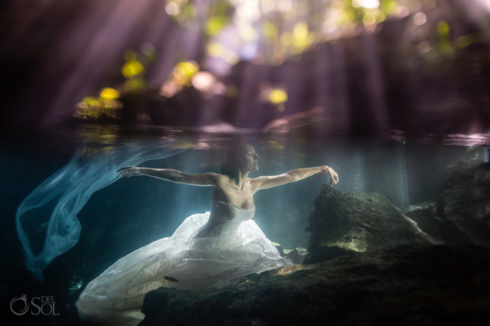 underwater bride trash the dress Mexico cenote wedding ceremony