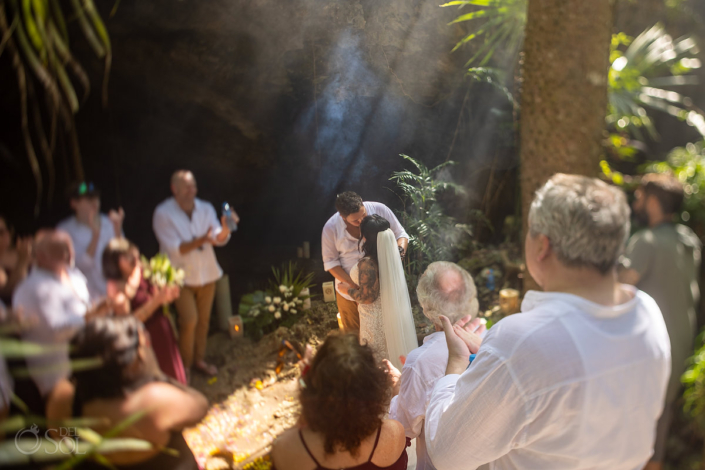 first kiss of a spiritual Riviera Maya Cenote Wedding
