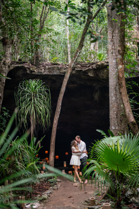 He surprises his girlfriend in Mexico with a romantic Tulum Cenote Proposal by del Sol Photography in the jungle underground.