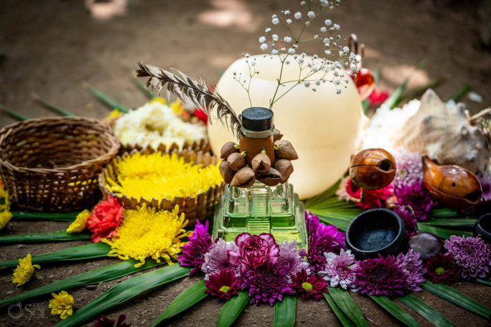 Altar with flowers and proposal ideas in a cenote