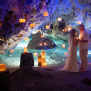 bride and groom candle lit Romantic family cenote wedding