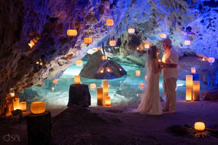 bride and groom candle lit Romantic family cenote wedding