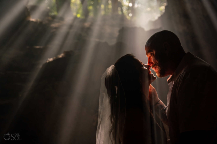 first kiss amazing smoke and lighting Riviera Maya Cenote Wedding
