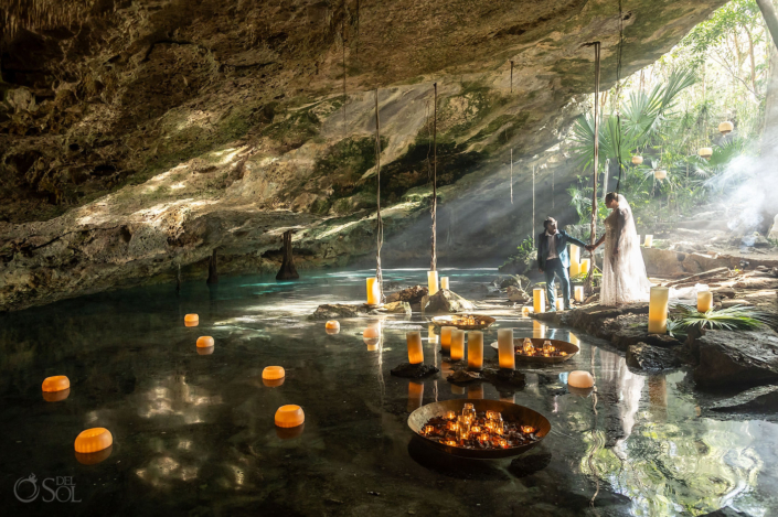 wedding cenote ceremony floating candles and beautiful decoration for cenotes