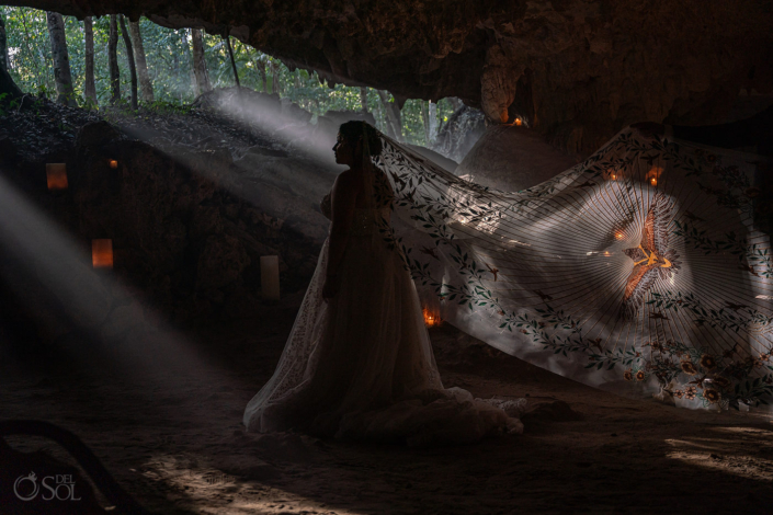 amazing wedding veil with an eagle Family Cenote Ceremony in Mexico