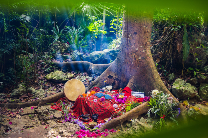 Shaman altar in the Mayan jungle spiritual elopement Tulum Mexico