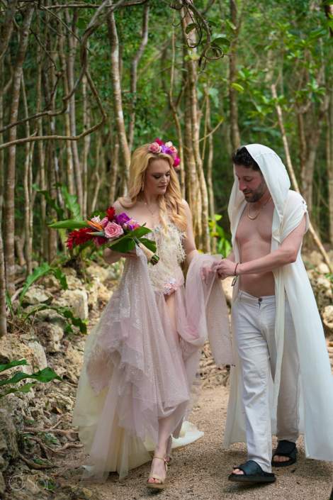 Tulum Jungle Wedding Bride and Groom uniquue feathered boho wedding dress from Azulik