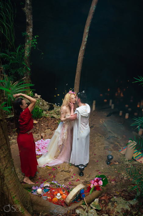 First kiss with flower blessing in the Tulum Jungle, Mexico Cenote photography