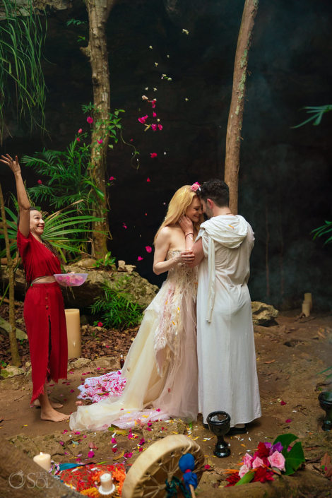 First kiss with flower blessing in the Tulum Jungle, Mexico Cenote photography