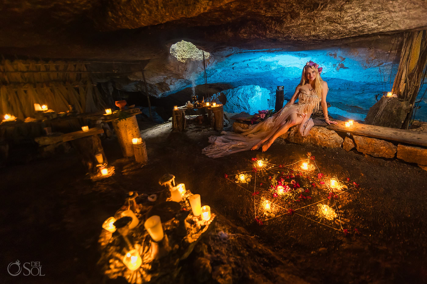 Bride portrait with Star of David decor in a shaman cave Tulum Mexico Spiritual multi-faith ceremony