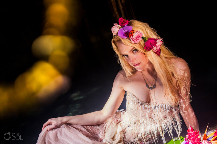 Bride portrait wearing deconstrusted boho wedding dress and flower crown