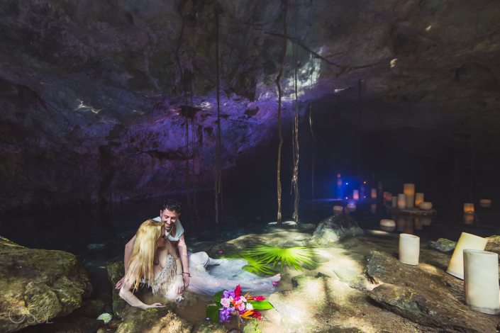 Tulum Jungle Cenote Wedding bride and groom portrait session trash the dress