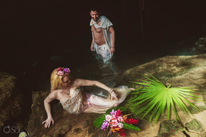 Tulum Jungle Cenote Wedding bride and groom portrait session trash the dress