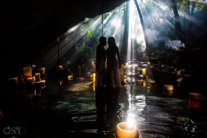 Tulum jungle cenote couples boudoir photohoot with candle installation and spectacular light