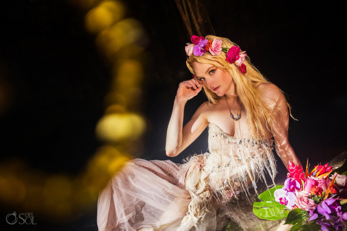 Bride portrait Tulum Jungle cenote wedding tropical flower grown and bouquet