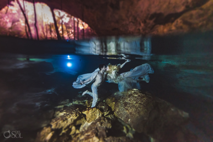 artistic underwater trash the dress wedding photography Tulum Jungle Cenote Mexico