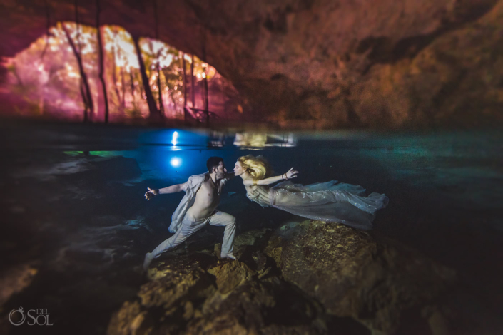 Tulum Jungle Underwater wedding photography for adventurous bride and groom trash the dress riviera maya Mexico