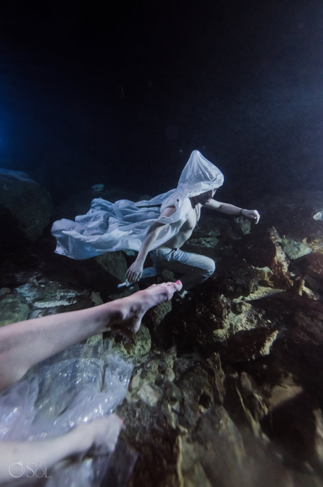 artistic underwater trash the dress wedding photography Tulum Jungle Cenote Mexico