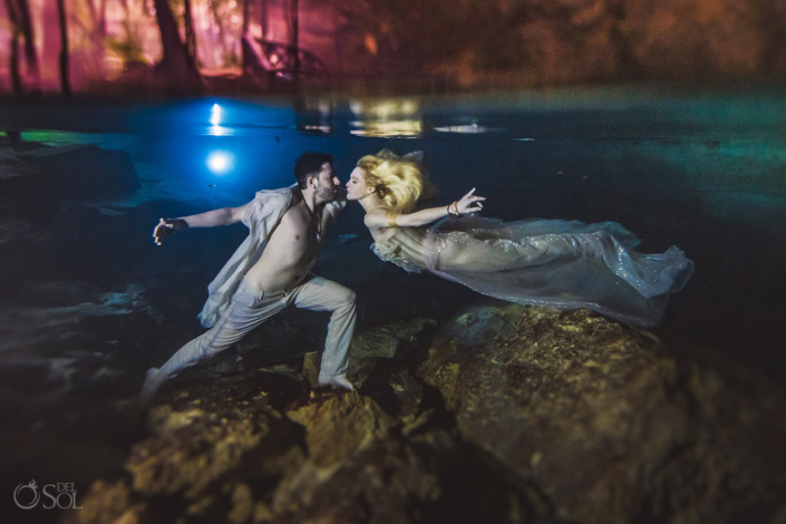 Trash the Dress underwater photography Tulum Cenote wedding planner