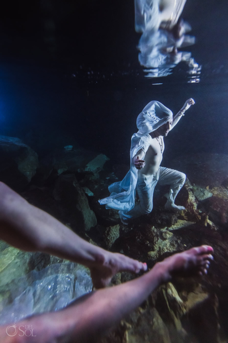 artistic underwater trash the dress wedding photography Tulum Jungle Cenote Mexico