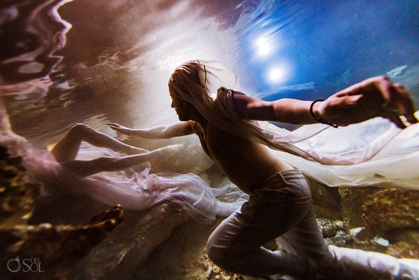 Tulum Jungle Underwater wedding photography for adventurous bride and groom trash the dress riviera maya Mexico