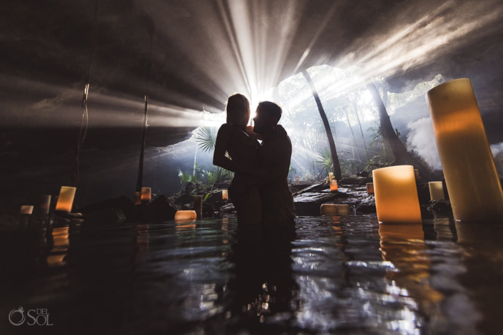 Tulum jungle cenote couples boudoir photoshoot with candle installation and spectacular light