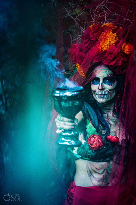 Sol Tamargo dressed as the Catriina Sirena wearing Day of the dead face paint Mega Procesión de Catrinas