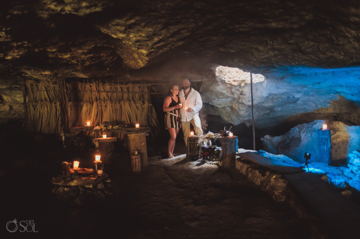 inside the sacred shamans cave before their cenote proposal in a private location Tulum Mexico