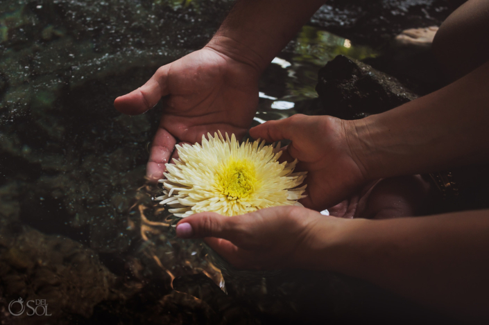 fiancees hold a flower in the water