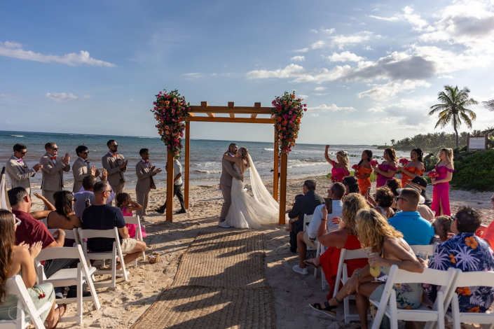 Dreams Tulum wedding ceremony first kiss