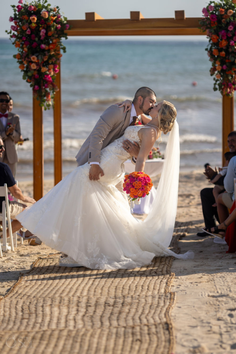 Dreams Tulum wedding ceremony first kiss
