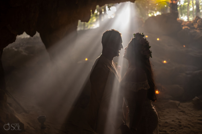 Couple sharing a quiet moment during a micro wedding cenote ceremony in paradise