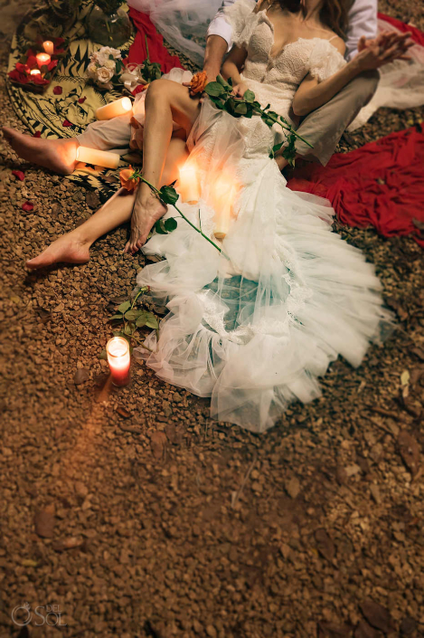 Quiet connection between a couple during an artistic cenote session