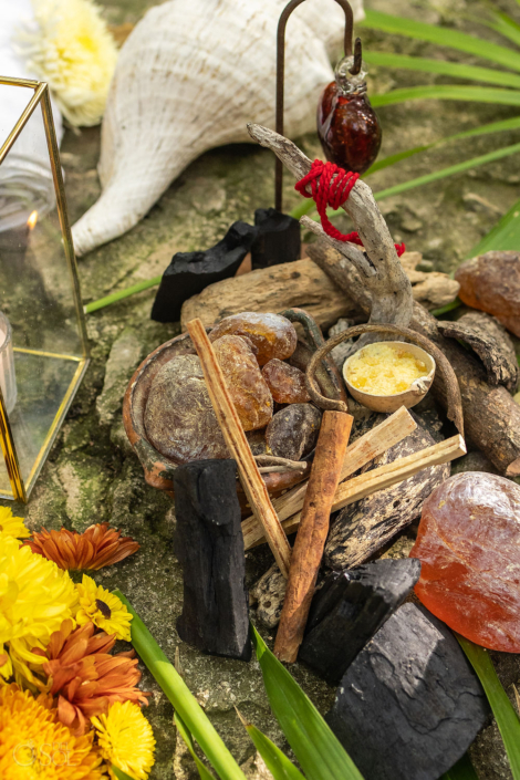 Sticks, shells, flowers and sacred ceremonial objects arranged for the vow renewal