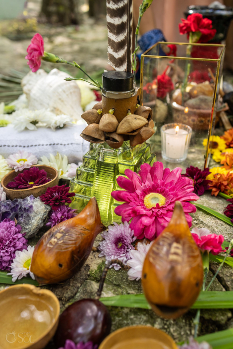 Flowers and sacred ceremonial objects arranged for the vow renewal