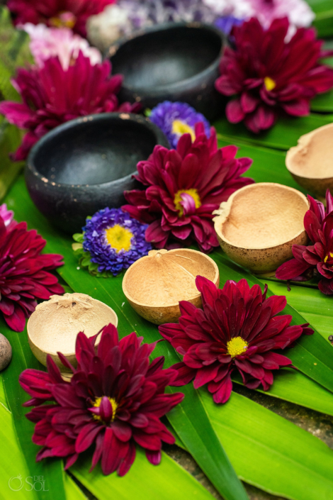 Beautiful cenote altar Mayan-inspired ceremony details with flowers