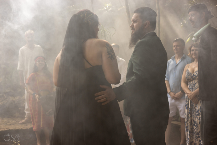 Bride and groom during a cenote wedding in Mexico.