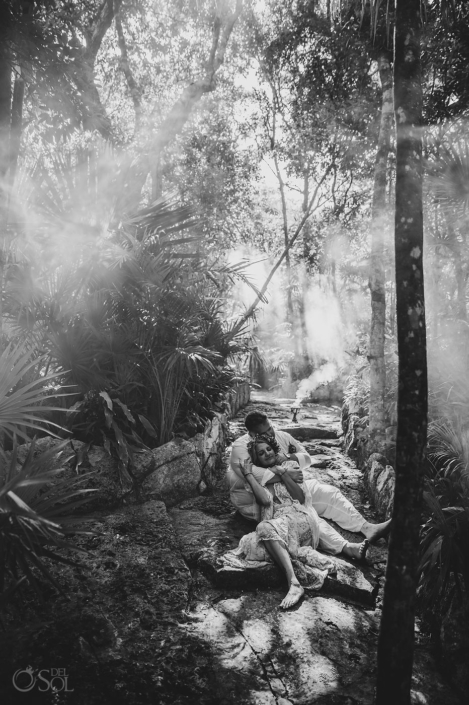 Sunlight streaming through the jungle canopy at a private Riviera Maya cenote wedding